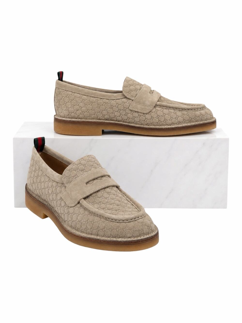 Gucci Luxury Suede GG Monogram Web Penny Loafer Oatmeal Size 12/ 12.5
